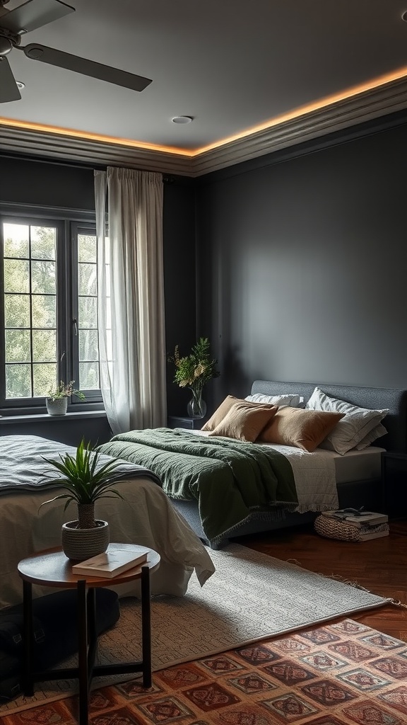 A dark-toned bedroom with warm lighting, featuring a neatly made bed, elegant chandelier, and cozy decor.
