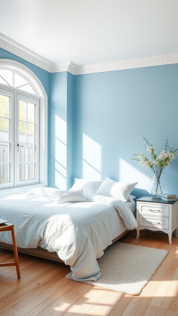 A serene bedroom with sky blue walls, a cozy bed, and natural light streaming through a large window.