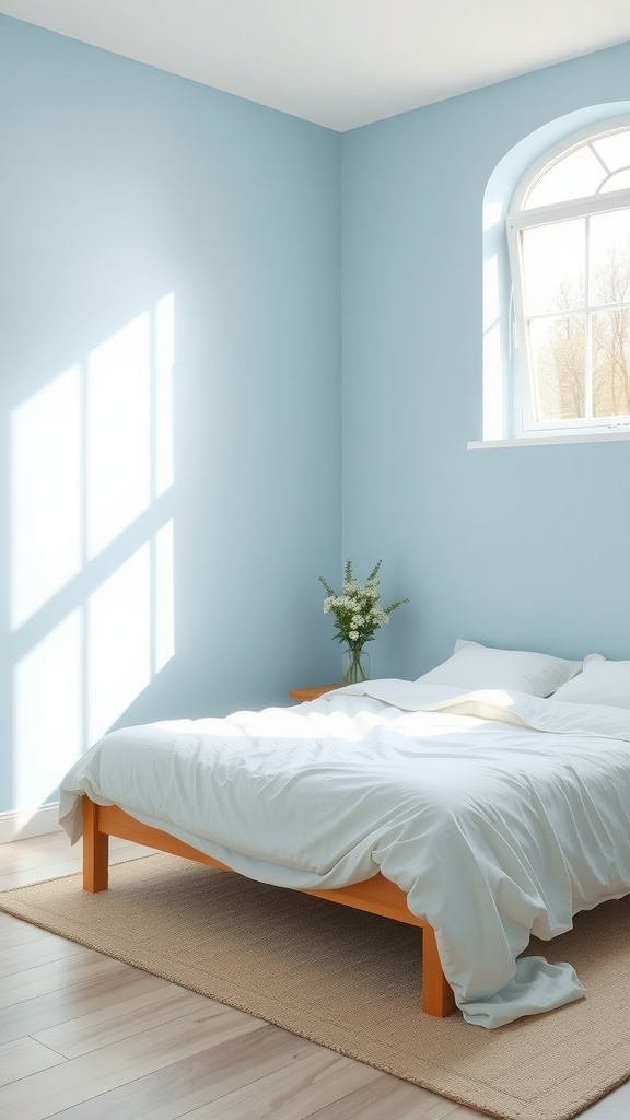 A serene bedroom with sky blue walls, a simple bed with white bedding, and a small plant by the window