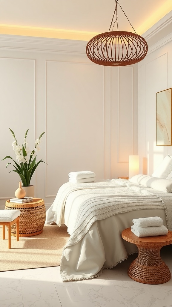 A serene bedroom featuring soft neutral tones, a cozy bed with white linens, elegant lighting, and decorative plants.