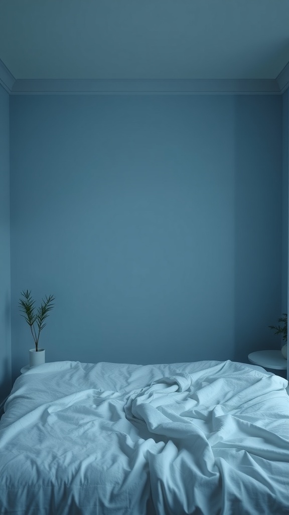 A serene blue bedroom with soft dim lighting, crumpled bedding, and a small potted plant.