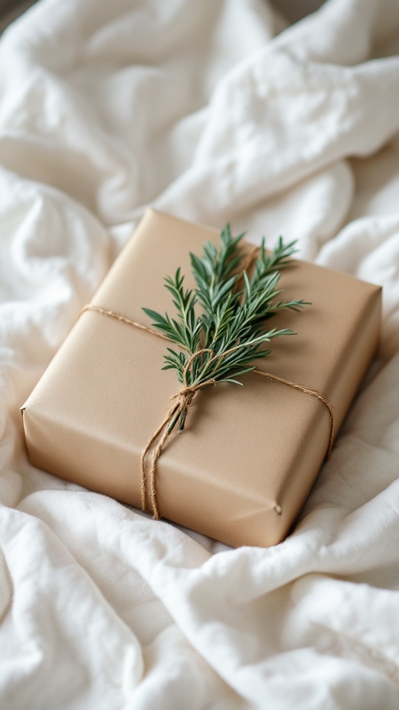 A beautifully wrapped gift in kraft paper with a sprig of greenery on top.