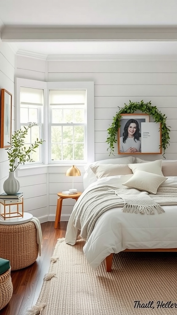 A cozy farmhouse bedroom with simple bedding, a knitted throw, and natural elements.