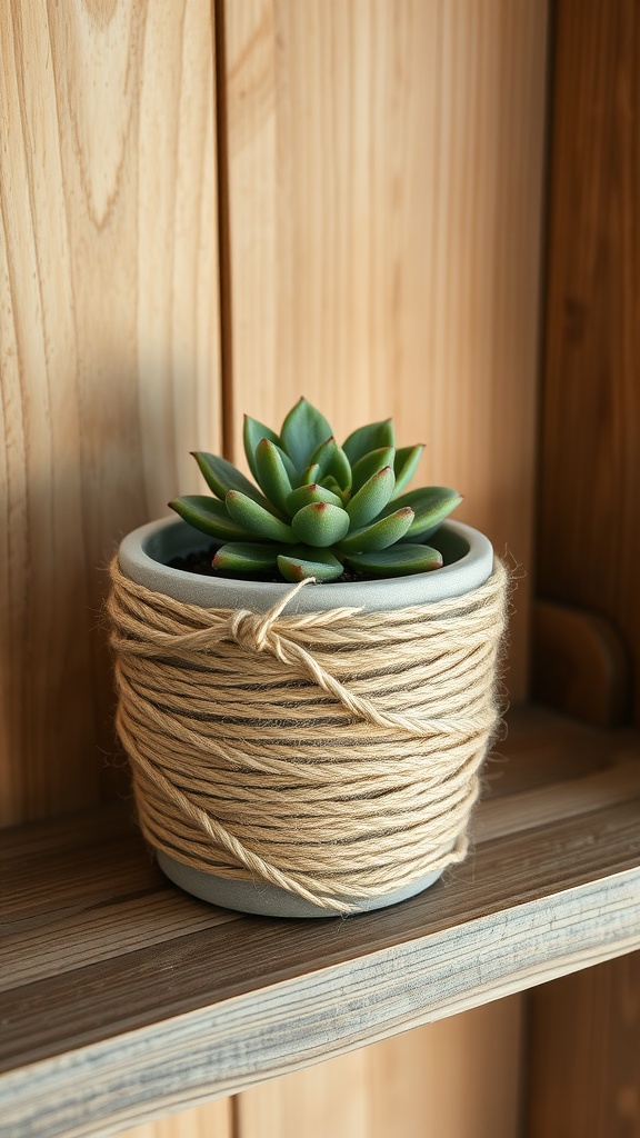 A succulent in a sisal rope wrapped planter pot on a wooden shelf.