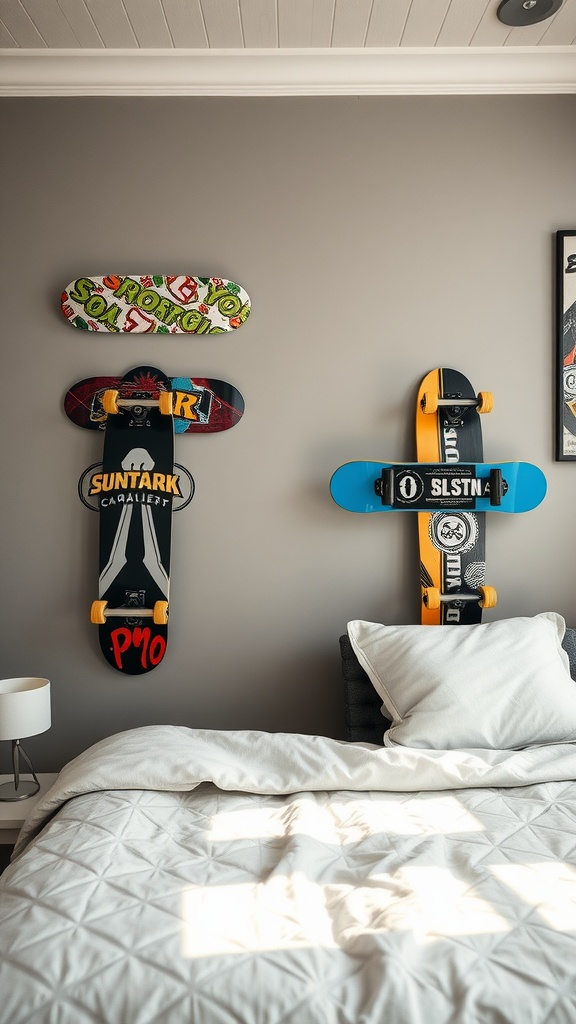 A stylish boy's bedroom featuring skateboard wall racks with colorful boards displayed on a wall.
