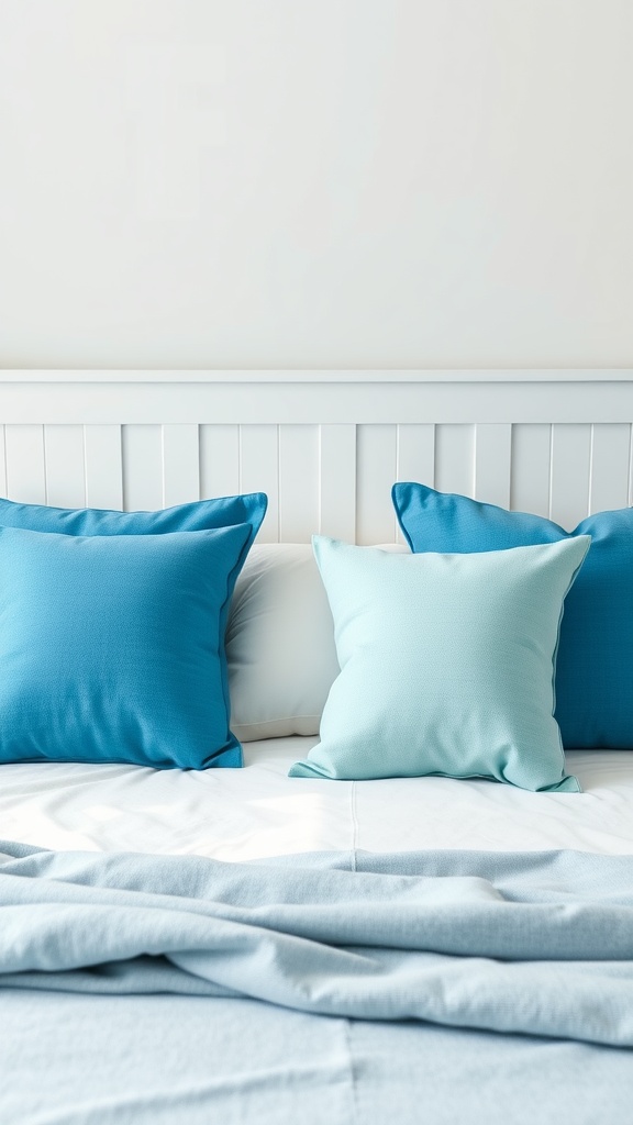 Sky blue decorative pillows on a bed with a white headboard