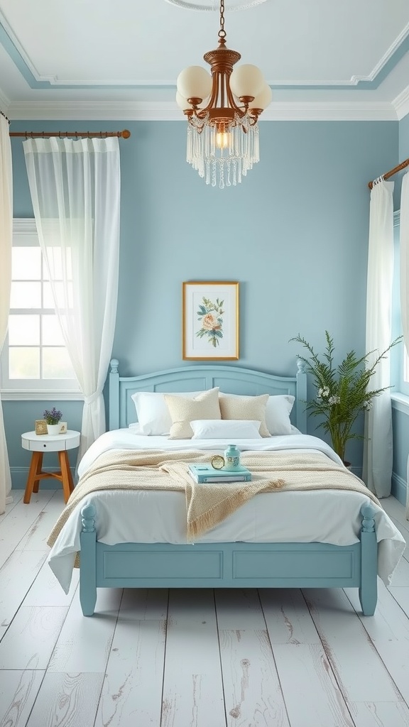 Bright farmhouse bedroom with sky blue walls, a vintage blue bed, and natural light.