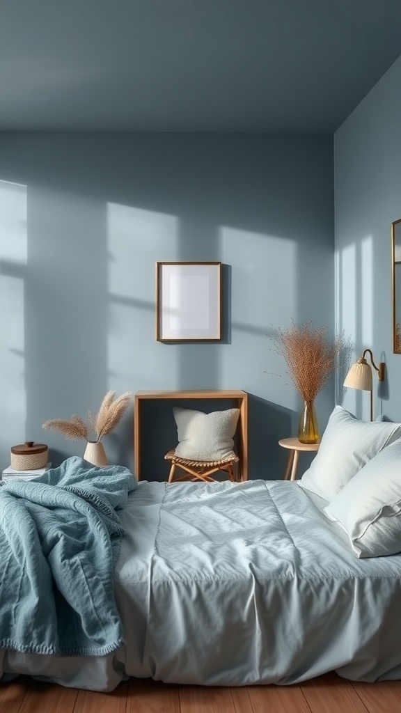A cozy farmhouse bedroom with slate blue walls, featuring soft bedding and natural light.