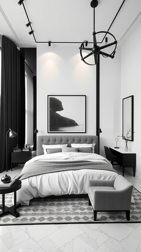 A modern black and white bedroom featuring a tufted headboard and stylish decor
