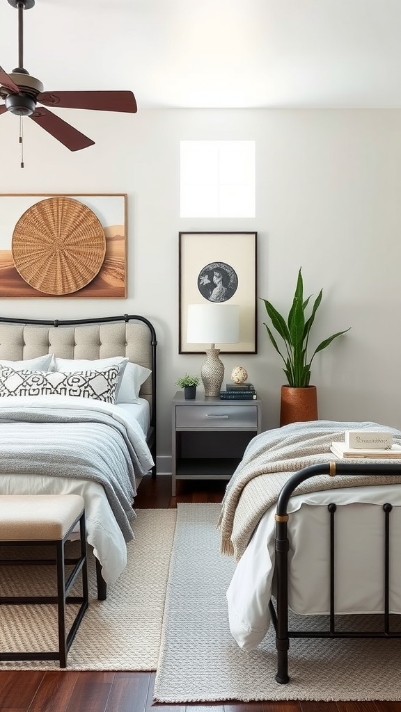A modern farmhouse style bedroom featuring black metal bed frames, a cozy seating area, and green plants.