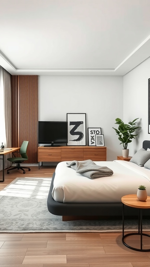 A sleek modern bedroom featuring a cozy bed, wooden furniture, and a study area