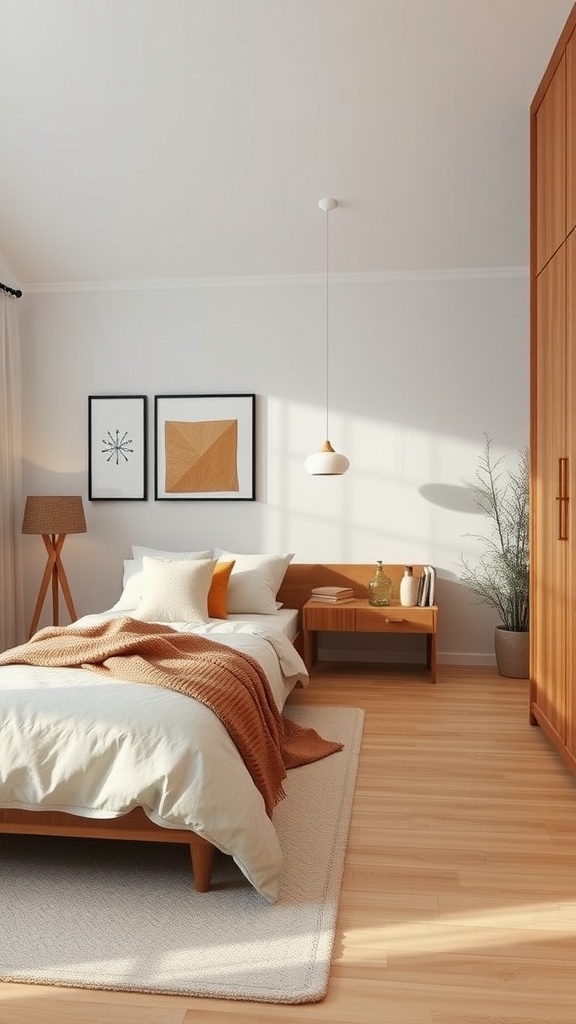 A sleek Scandinavian bedroom featuring a cozy bed, warm wooden furniture, and modern lighting.