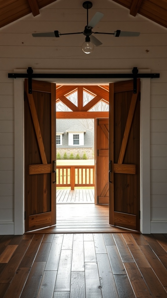 Interior view of a porch with sliding barn doors open, revealing an outdoor area.