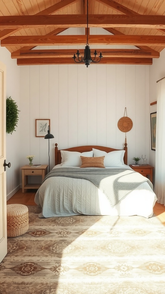 Cozy farmhouse bedroom featuring a patterned rug, wooden beams, and soft bedding.