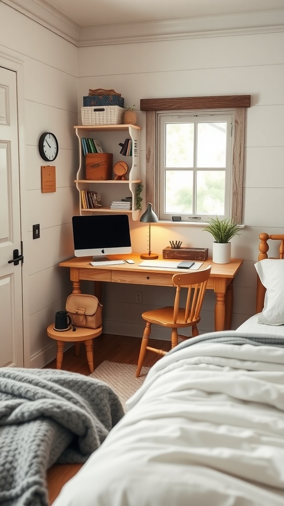 A cozy farmhouse bedroom with a small wooden desk, a chair, and shelves above, featuring a window for natural light.