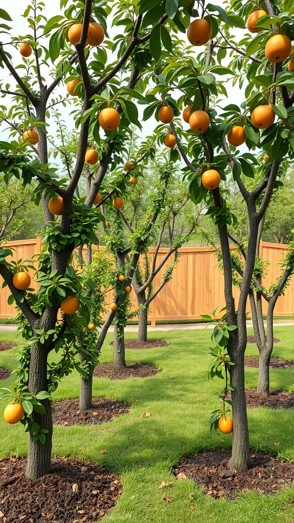 Small orchard featuring orange trees laden with ripe oranges.