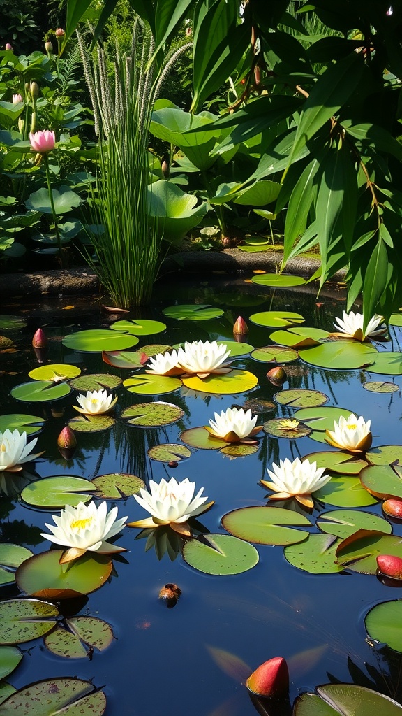 A small pond covered with water lilies and surrounded by lush greenery