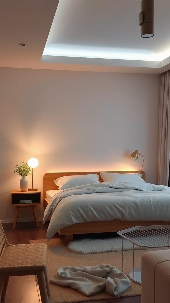 A cozy bedroom with soft, ambient lighting featuring a wooden bed, a stylish lamp, and warm decor.