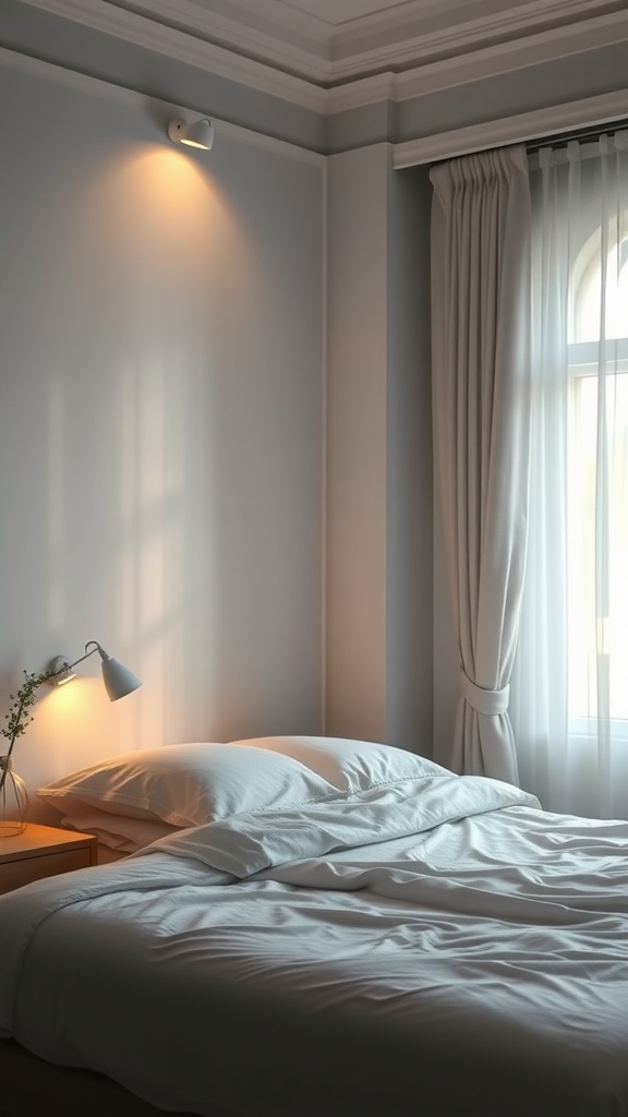 A softly lit bedroom featuring warm ambient lighting, soft curtains, and a cozy bed.