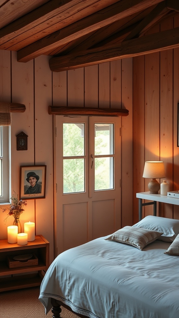 A cozy farmhouse glam bedroom with soft ambient lighting from candles and a bedside lamp, featuring natural wood elements and plush bedding.