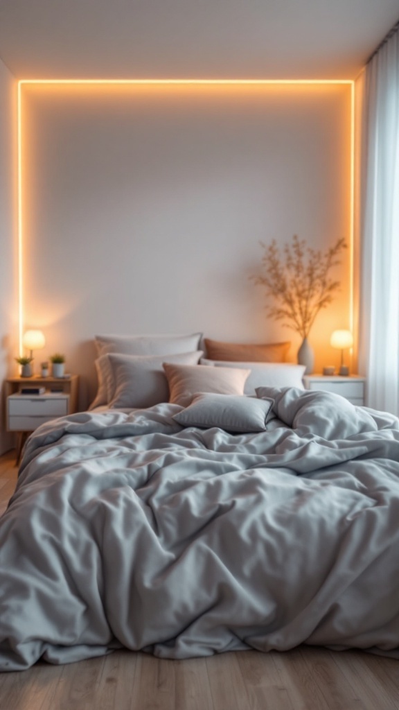 A softly lit bedroom featuring warm ambient lighting, soft curtains, and a cozy bed.