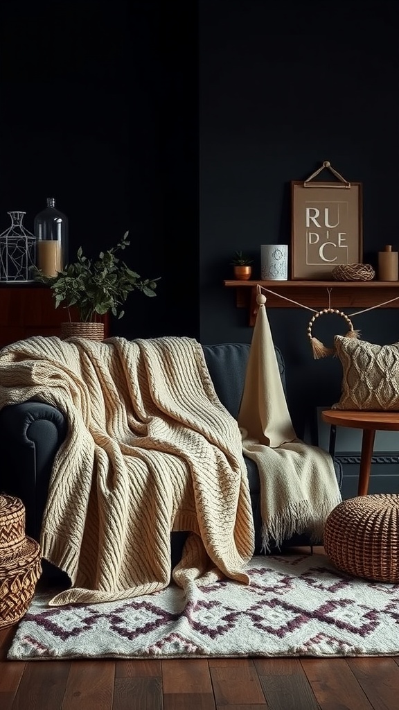 A cozy living room featuring a dark wall, a knitted throw on a sofa, and decorative accents.