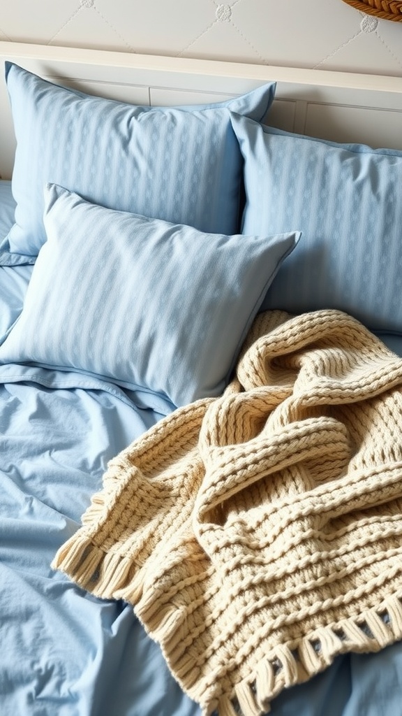 Close-up of soft blue bedding with pillows and a cream knitted throw.