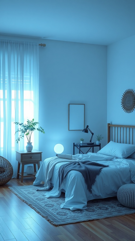 A soft blue-themed bedroom with gentle lighting, featuring a bed, plants, and cozy decor.