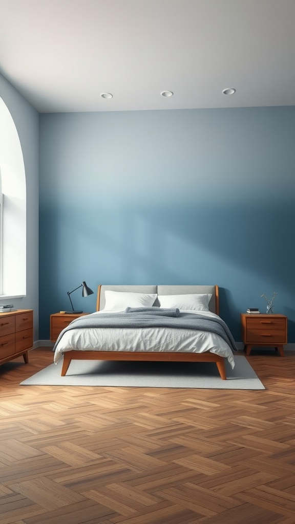 A bedroom with soft blue ombre walls, wooden furniture, and a cozy bed.