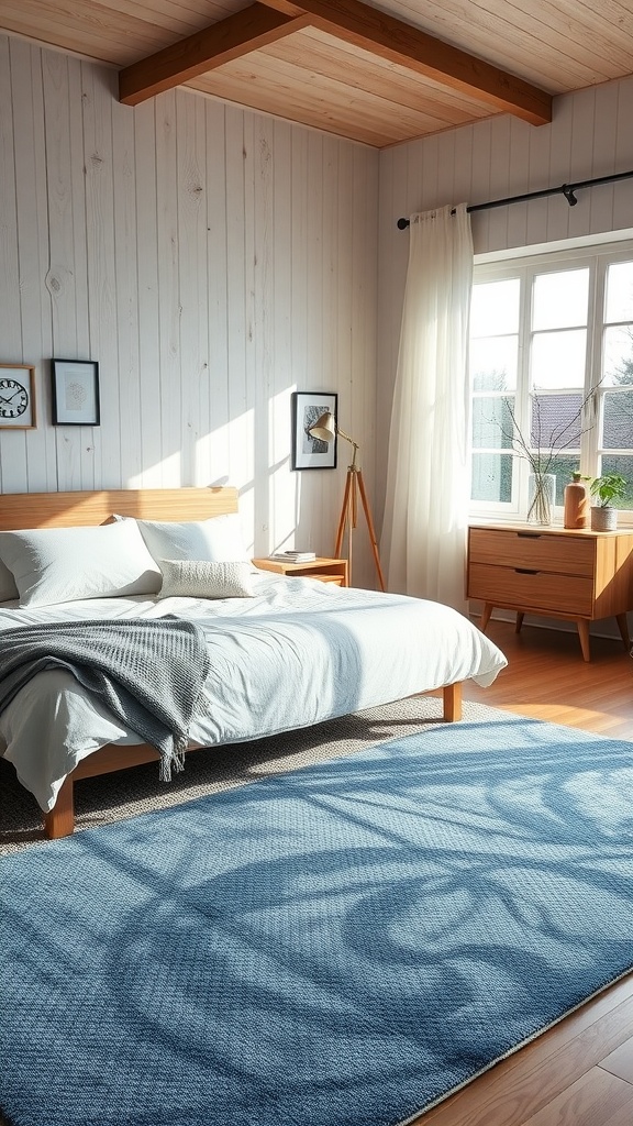 A cozy bedroom with a soft blue rug, wooden furniture, and serene decor.