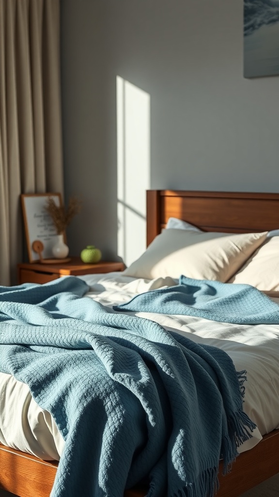A cozy bed featuring soft blue throw blankets draped over white bedding, with natural light streaming through a window.