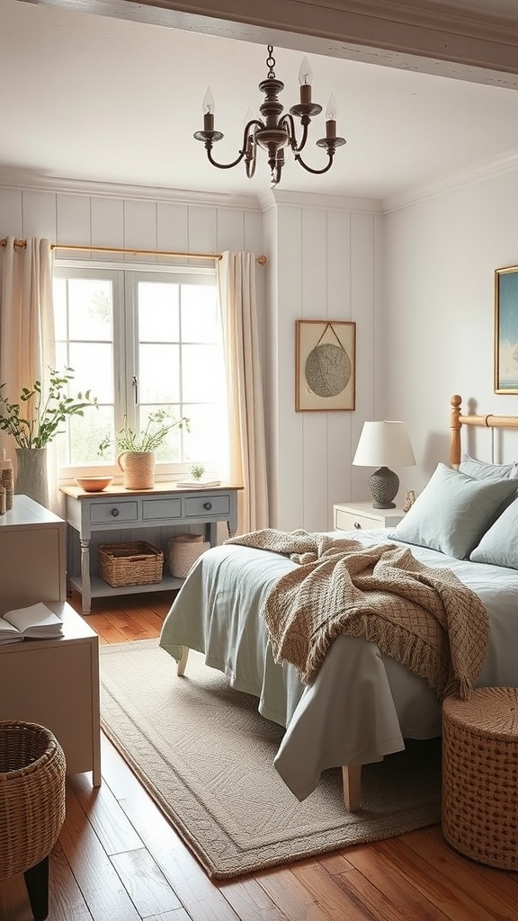 A cozy farmhouse chic bedroom with soft color accents, featuring light blue bedding, wooden furniture, and woven textures.
