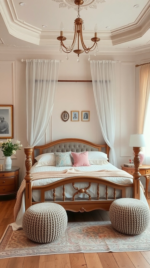 A serene boho bedroom featuring a canopy bed with soft color accents, stylish poufs, and a warm atmosphere.