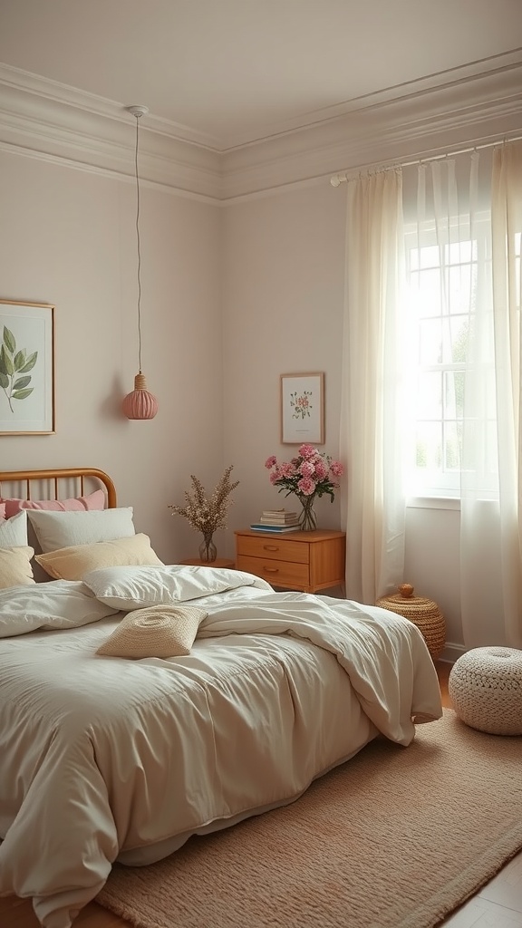 A cozy farmhouse bedroom featuring soft pink walls, a bed with fluffy bedding, and a nightstand with floral arrangements.