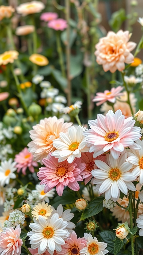 A vibrant display of soft-colored flowers, including pink daisies and peach blooms, showcasing a gentle and inviting garden atmosphere.