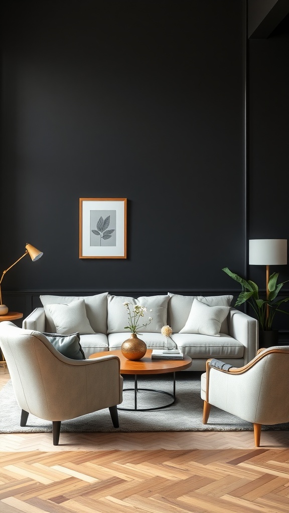 Living room featuring dark walls with light-colored furniture and wooden accents