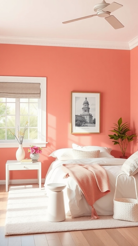 A cozy bedroom featuring a soft coral accent wall, white bedding, and natural light.