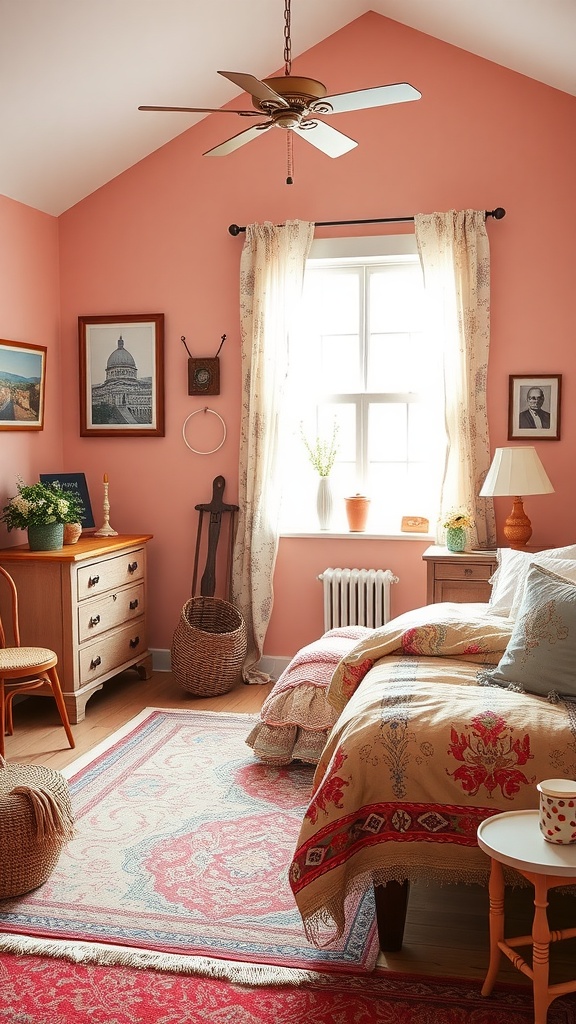 A cozy farmhouse bedroom painted in soft coral with vintage furniture and bright natural light.