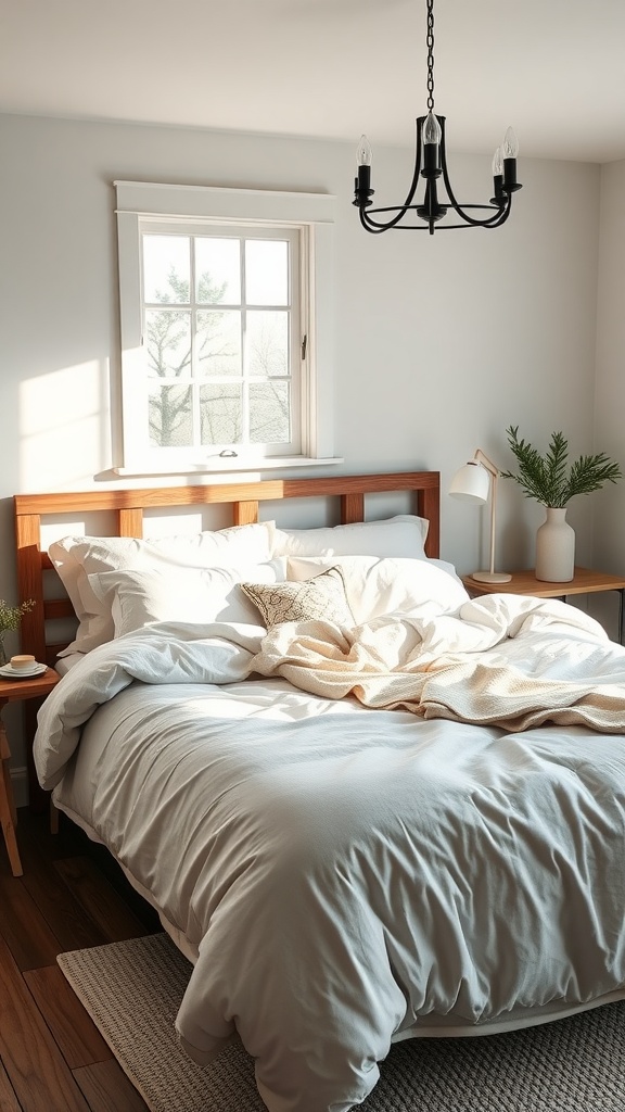 A cozy bedroom with soft bedding, light-colored linens, and a warm atmosphere.