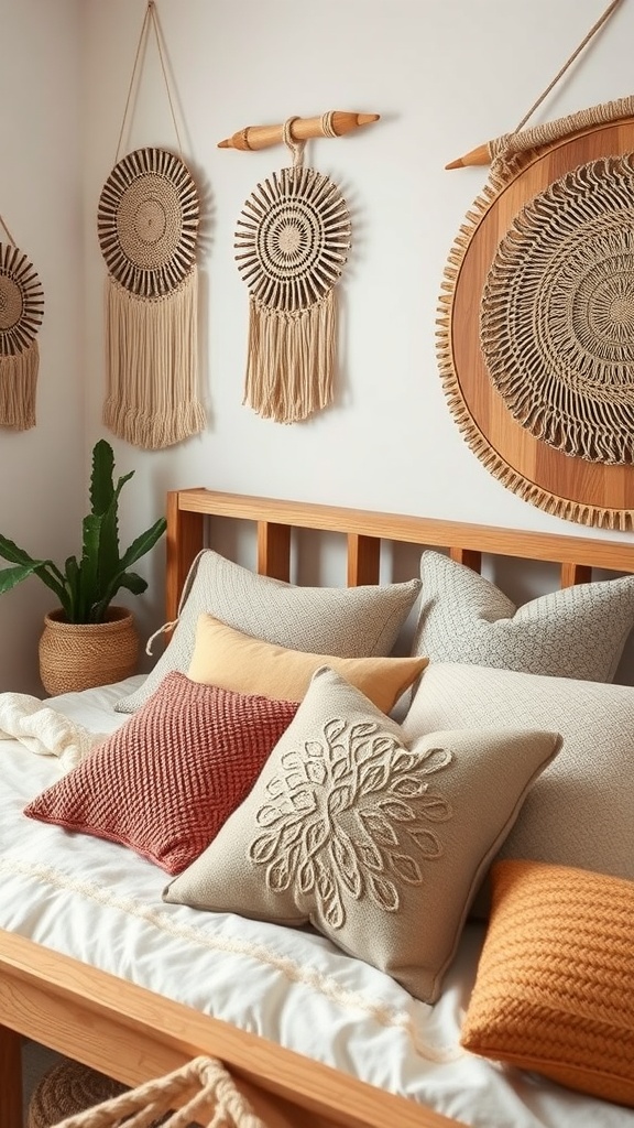 Boho bedroom with earthy color scheme, featuring a wooden bed and decorative pillows.