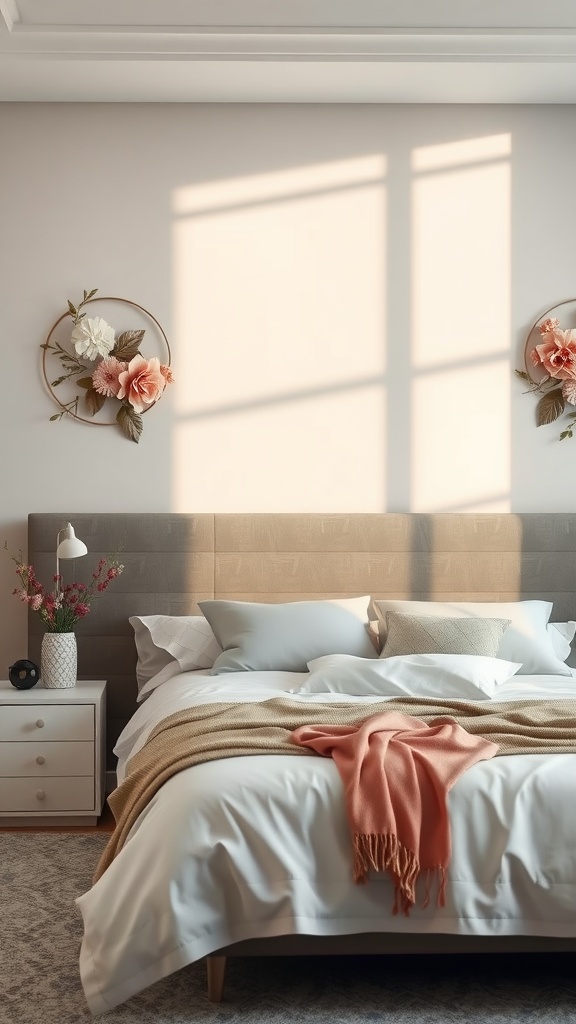 A serene bedroom featuring a soft grey accent wall with floral decor, complemented by cozy bedding and warm lighting.