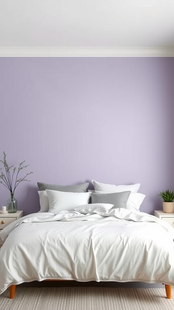 Bedroom with soft lavender accent wall, white bedding, gray pillows, and plants on bedside tables
