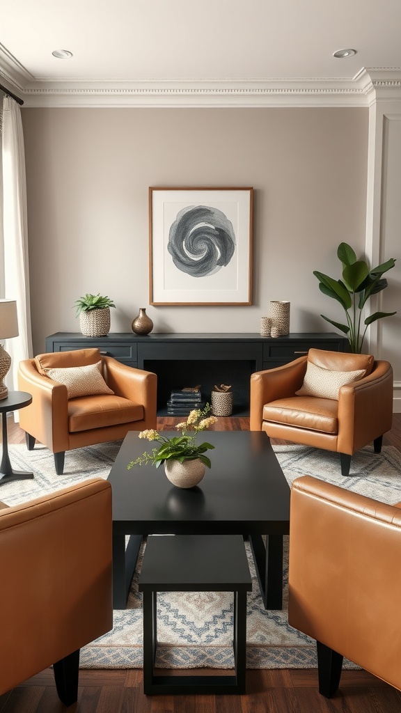 A cozy living room featuring soft leather accent chairs, a black coffee table, and decorative elements.