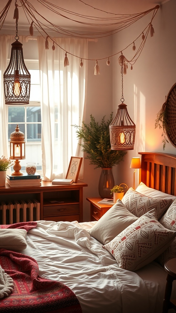 A cozy Boho style bedroom with soft lighting from hanging lanterns and a warm, inviting atmosphere.