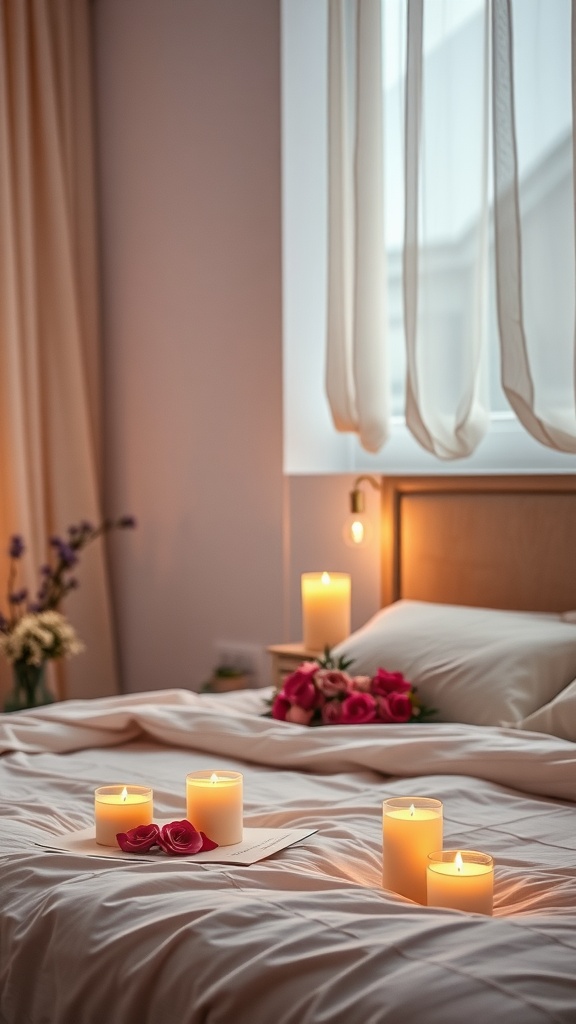 A cozy feminine bedroom featuring soft lighting from candles and rose petals on the bed.