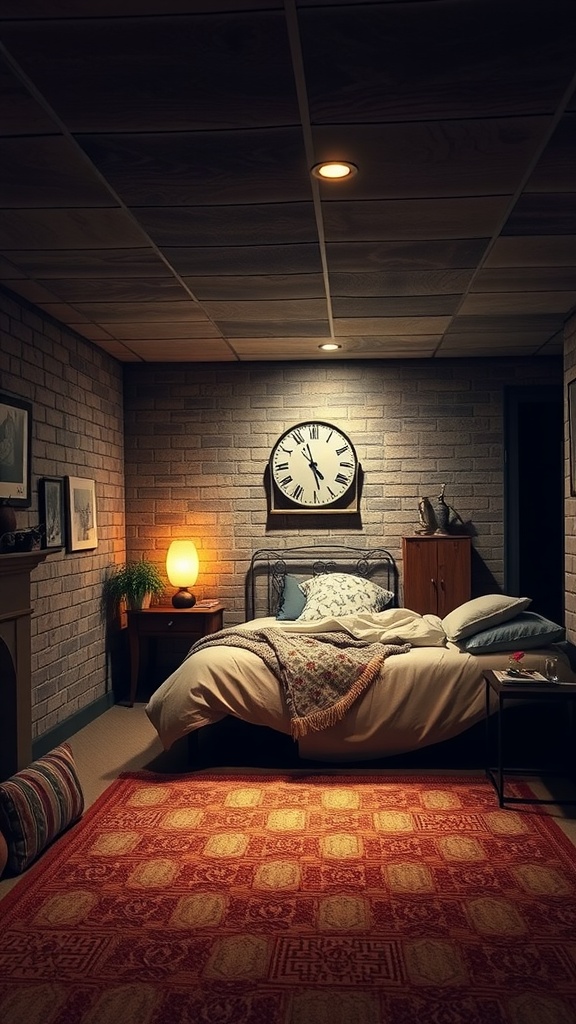 Cozy farmhouse basement bedroom with soft lighting, a bed, a decorative rug, and warm tones.