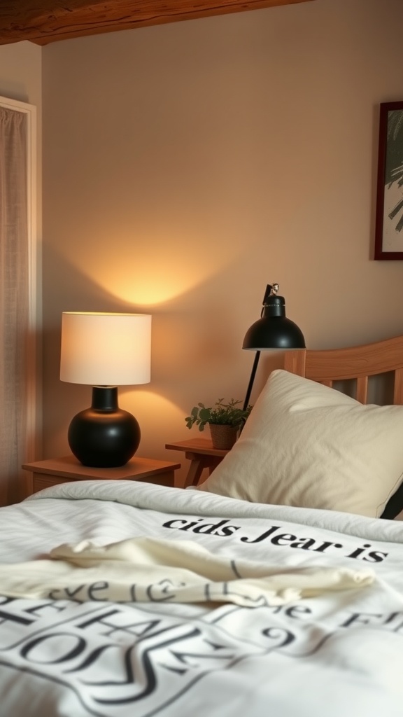 A cozy bedroom with a cream lamp and a black lamp beside a wooden bed, showcasing a black and cream color scheme.