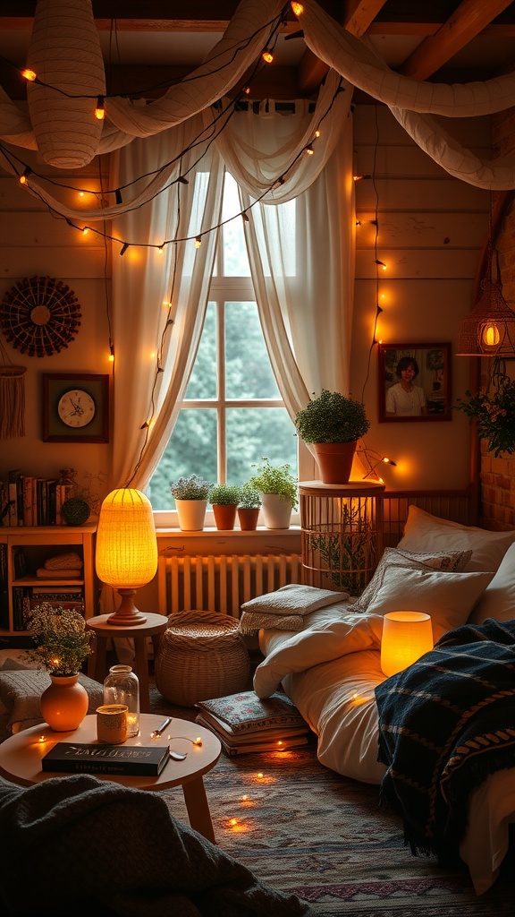 A cozy boho eclectic bedroom with soft lighting from fairy lights and lamps, featuring warm colors and natural elements.