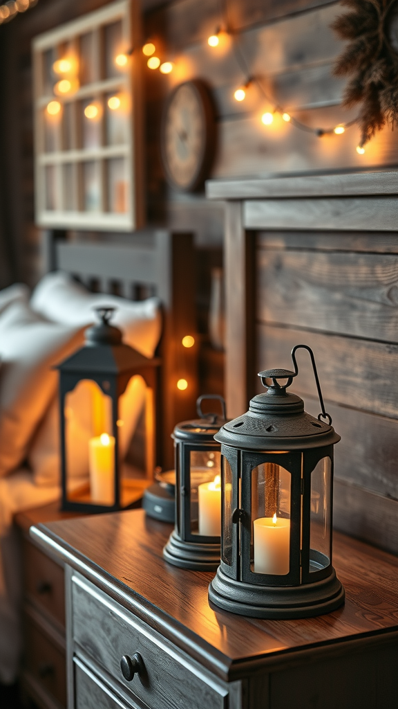 A rustic bedroom featuring soft lighting from lanterns and candles.