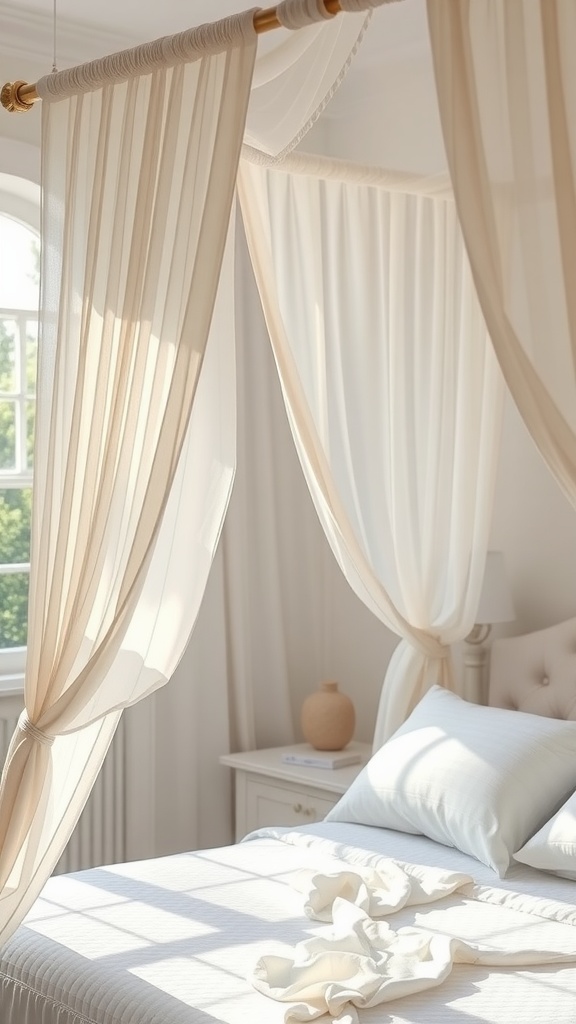 A cozy boho bedroom featuring soft linen drapes around a canopy bed, with warm sunlight filtering through.